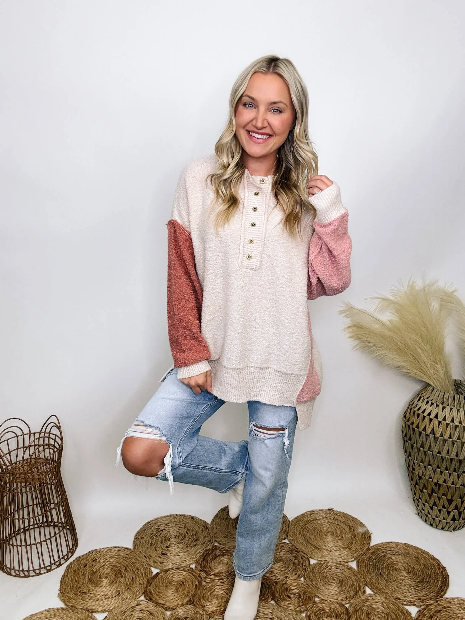 DOORBUSTER - Blush, Mauve and Oatmeal Colorblock Button Down Oversized Sweater