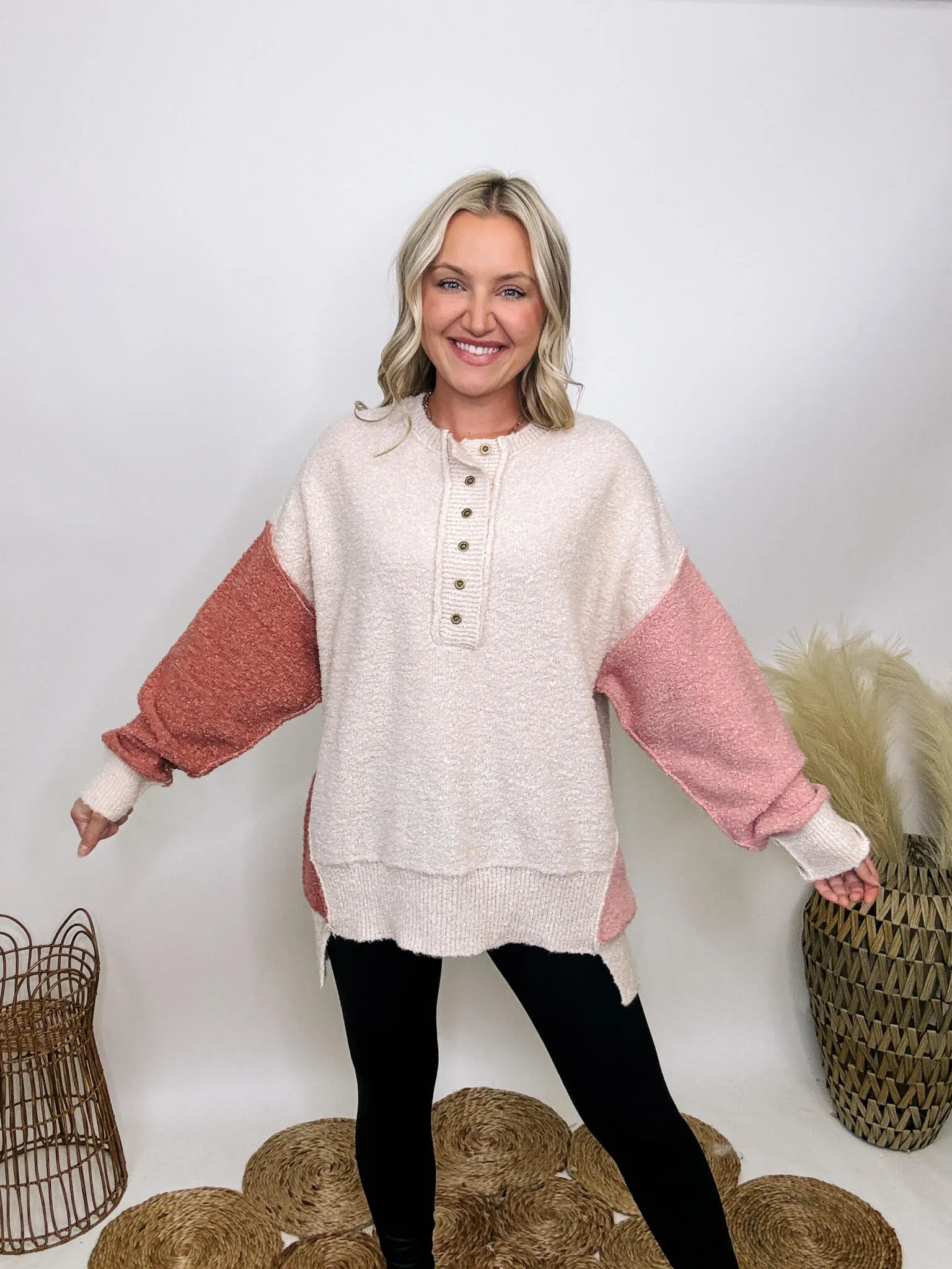 DOORBUSTER - Blush, Mauve and Oatmeal Colorblock Button Down Oversized Sweater