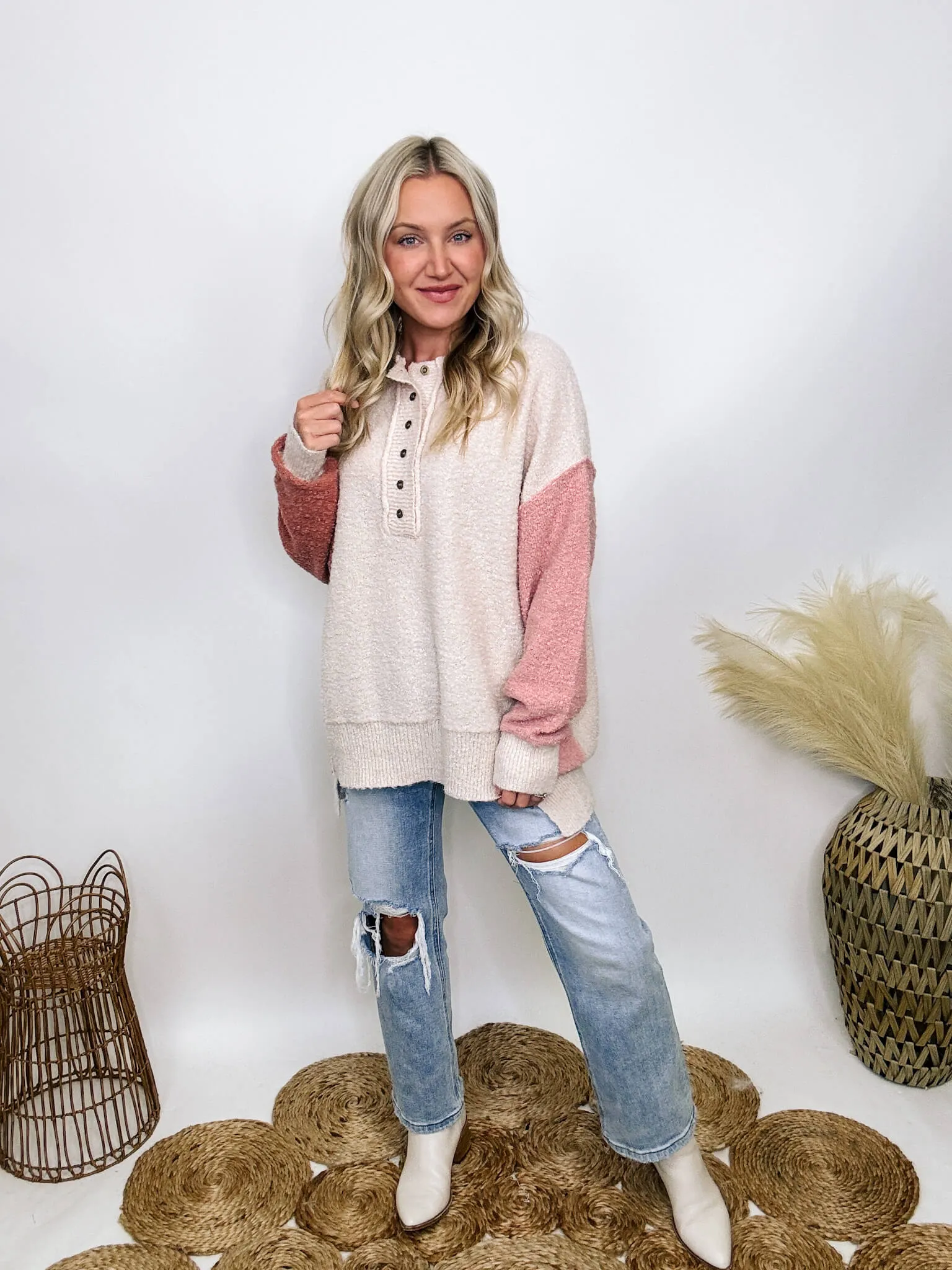 DOORBUSTER - Blush, Mauve and Oatmeal Colorblock Button Down Oversized Sweater