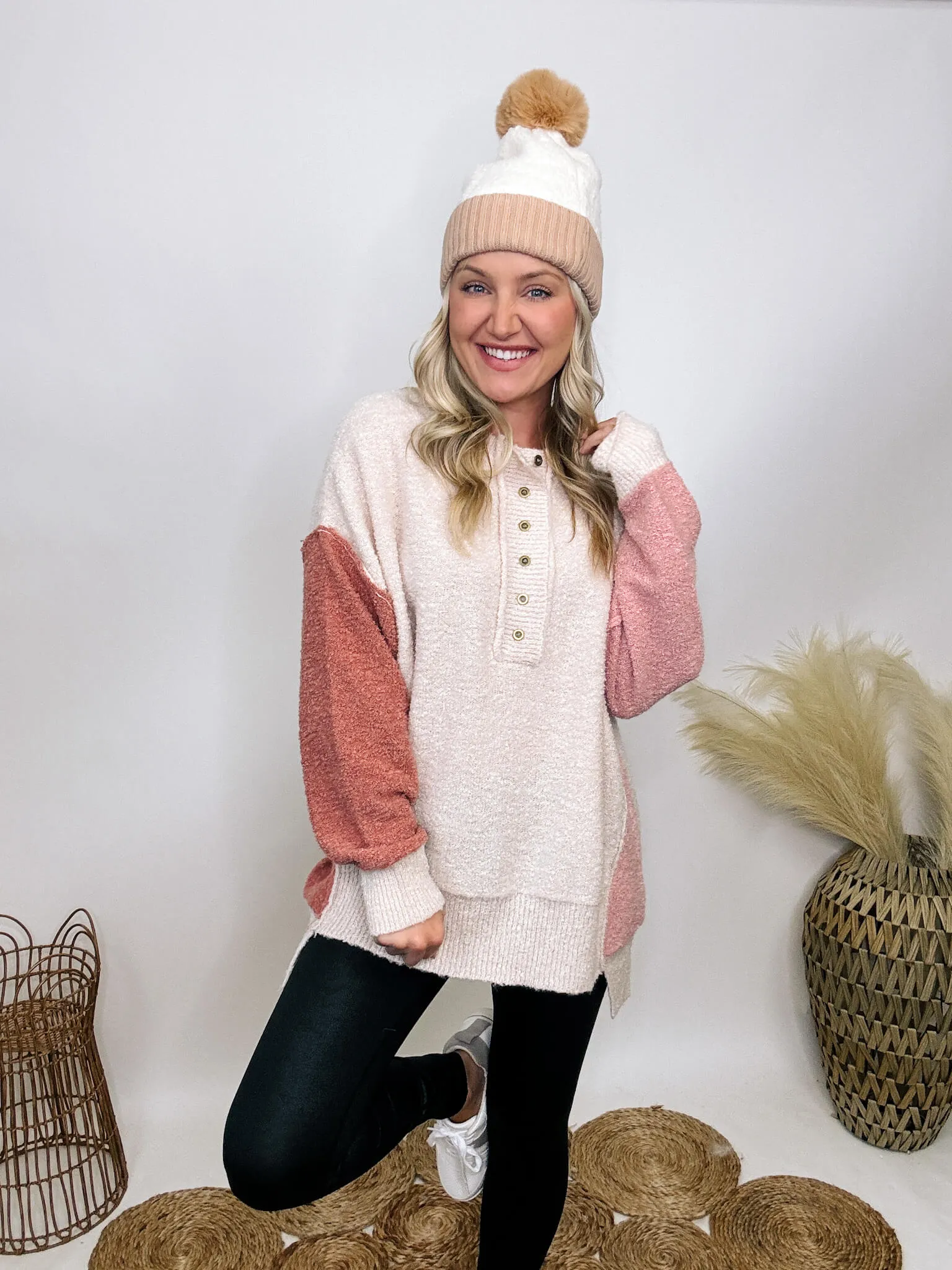 DOORBUSTER - Blush, Mauve and Oatmeal Colorblock Button Down Oversized Sweater