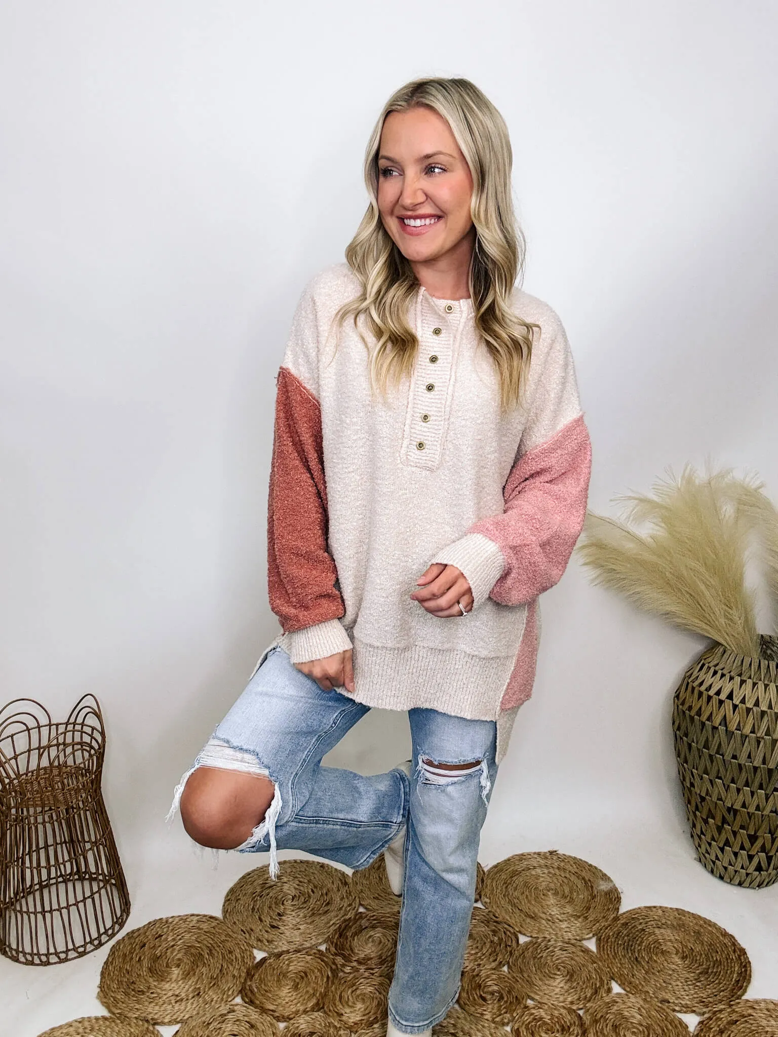 DOORBUSTER - Blush, Mauve and Oatmeal Colorblock Button Down Oversized Sweater