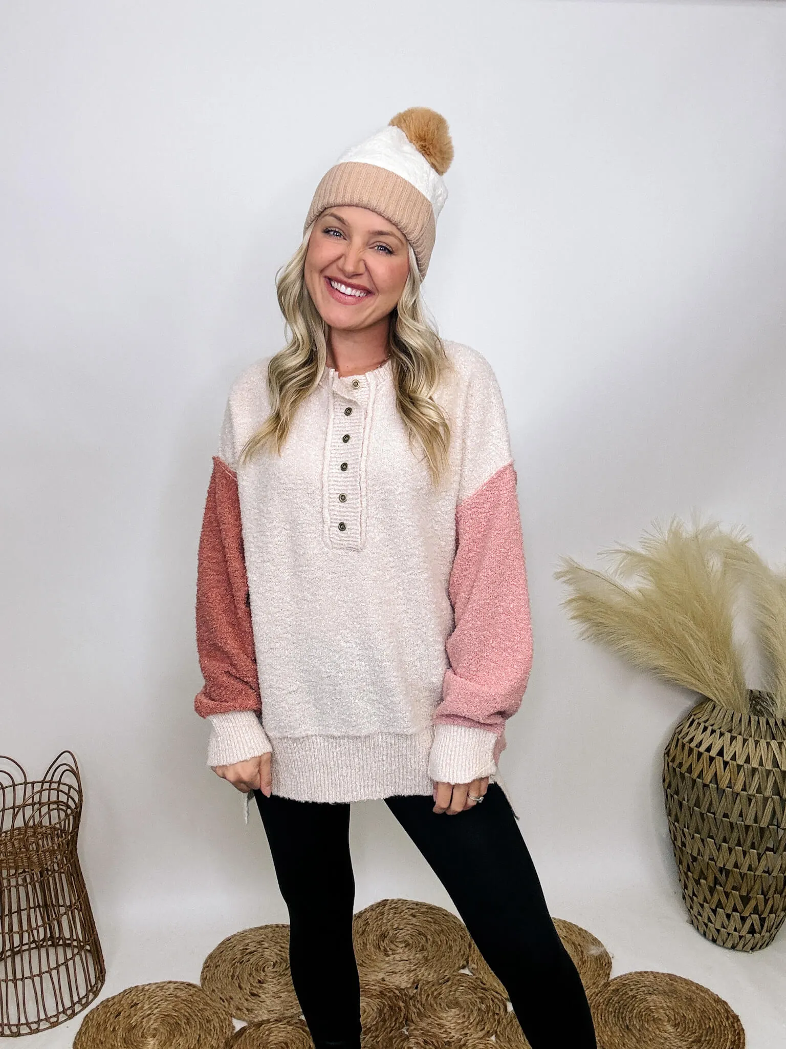 DOORBUSTER - Blush, Mauve and Oatmeal Colorblock Button Down Oversized Sweater