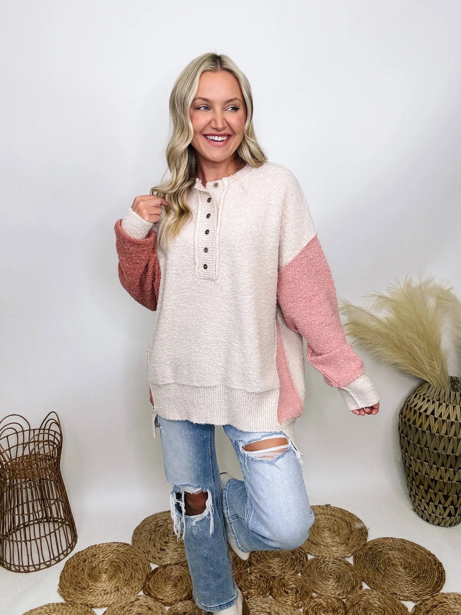 DOORBUSTER - Blush, Mauve and Oatmeal Colorblock Button Down Oversized Sweater