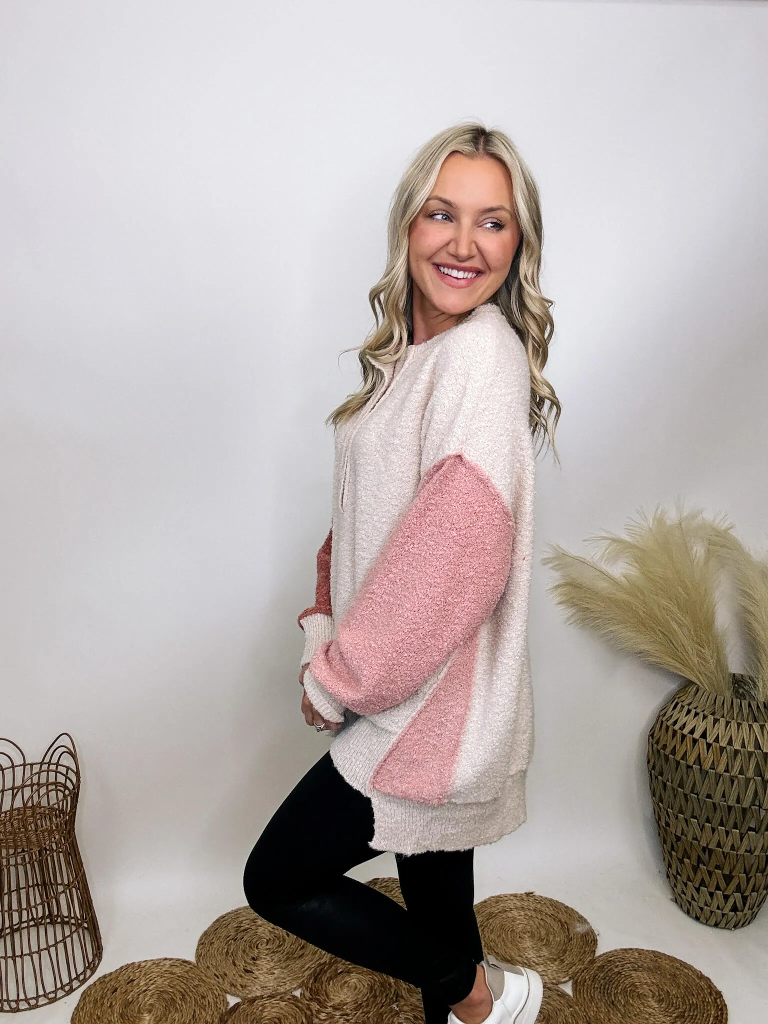 DOORBUSTER - Blush, Mauve and Oatmeal Colorblock Button Down Oversized Sweater