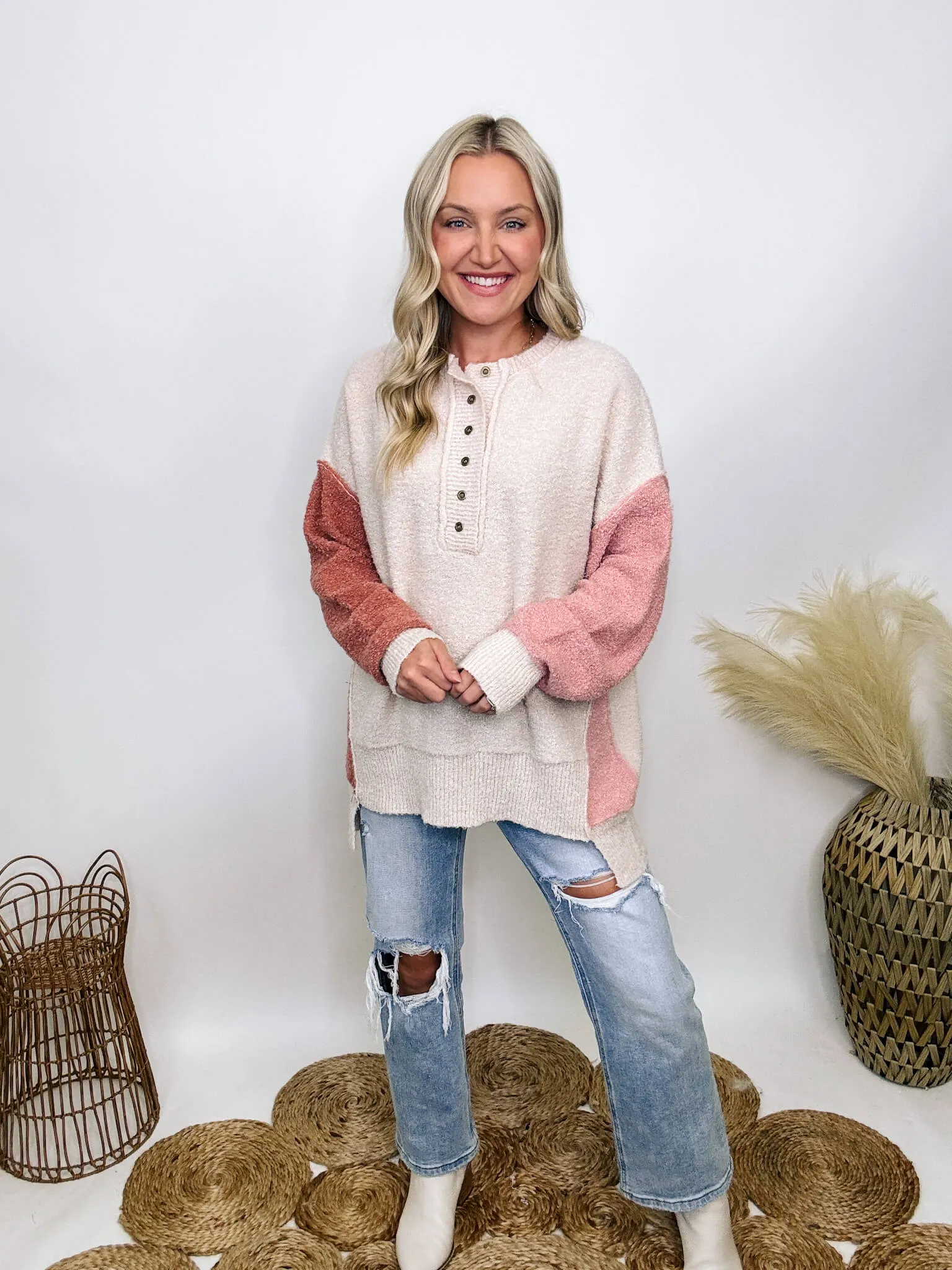 DOORBUSTER - Blush, Mauve and Oatmeal Colorblock Button Down Oversized Sweater