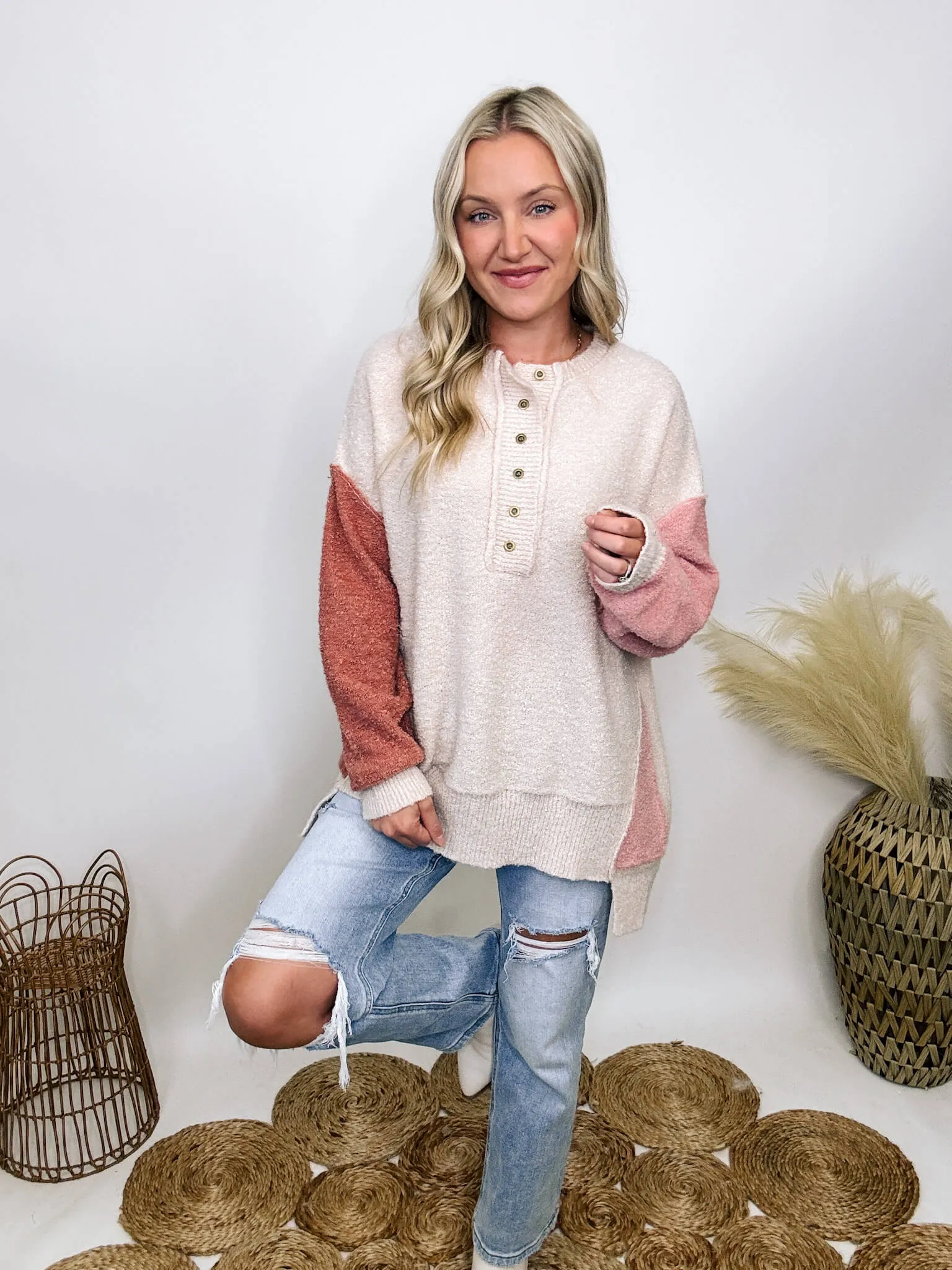 DOORBUSTER - Blush, Mauve and Oatmeal Colorblock Button Down Oversized Sweater