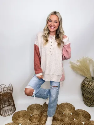 DOORBUSTER - Blush, Mauve and Oatmeal Colorblock Button Down Oversized Sweater