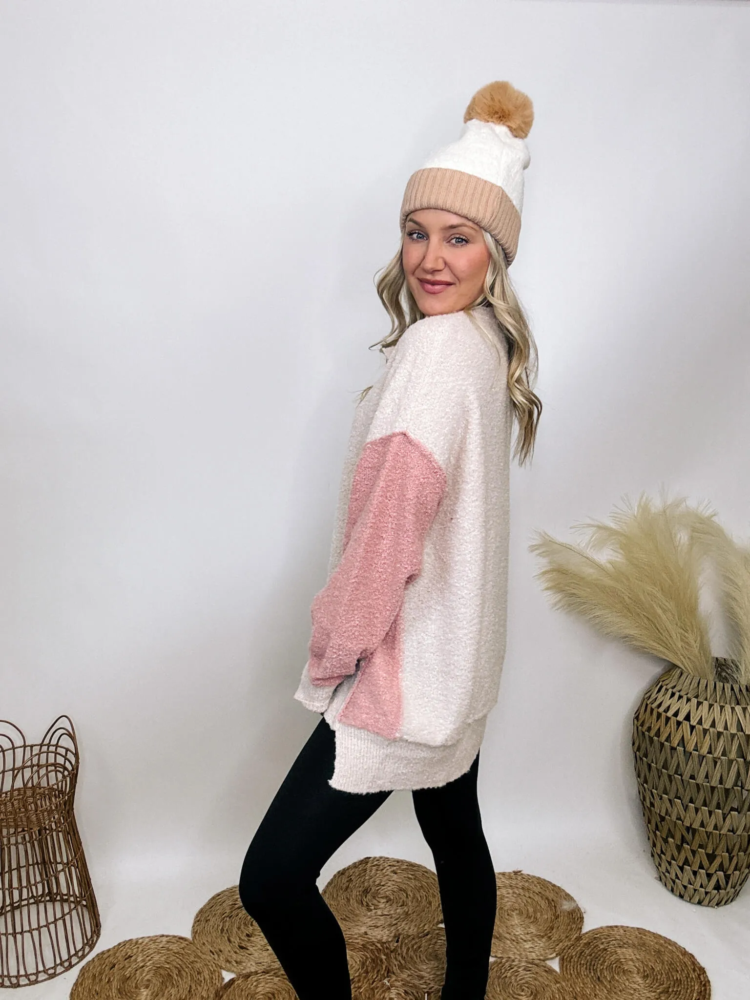 DOORBUSTER - Blush, Mauve and Oatmeal Colorblock Button Down Oversized Sweater