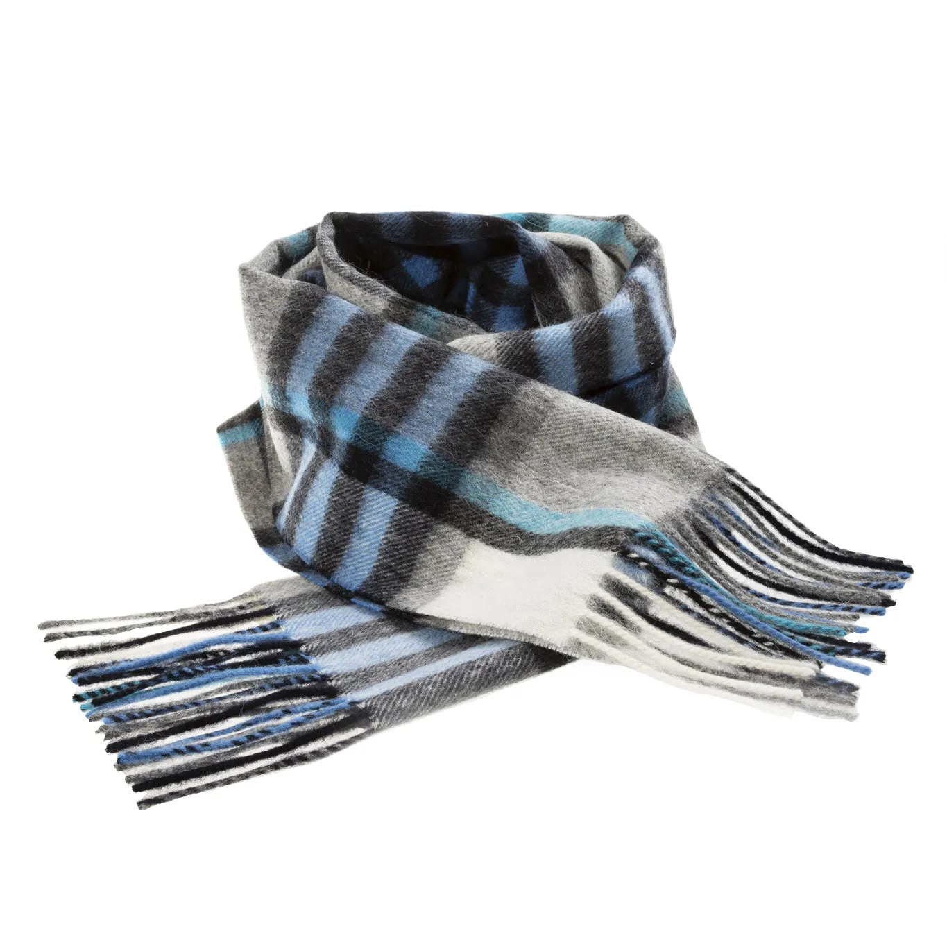 Edinburgh 100% Lambswool Scarf  Chequer Tartan Bright Blue/Grey