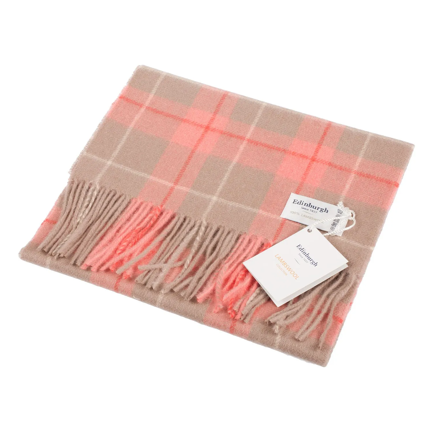 Edinburgh 100% Lambswool Scarf  Heivon Tattersall - Warm Taupe/Coral