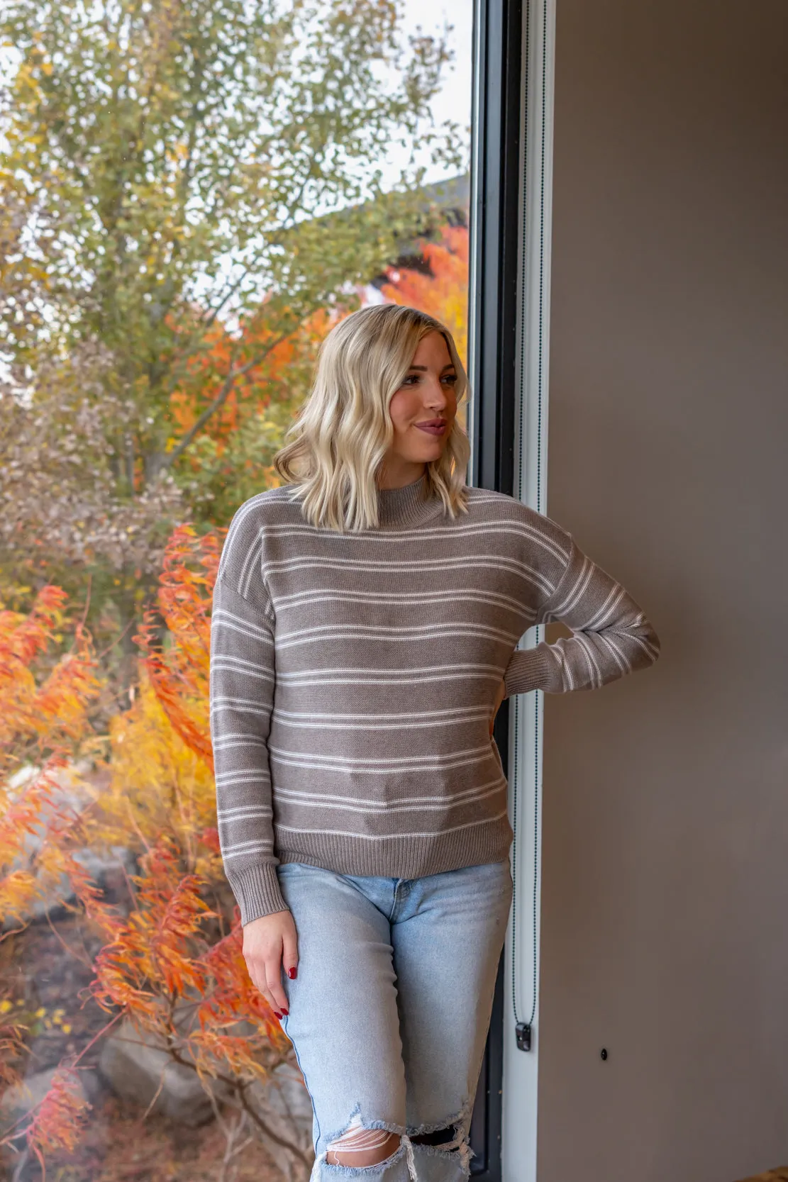 Elisa Ribbed Knit Striped Sweater | Greige