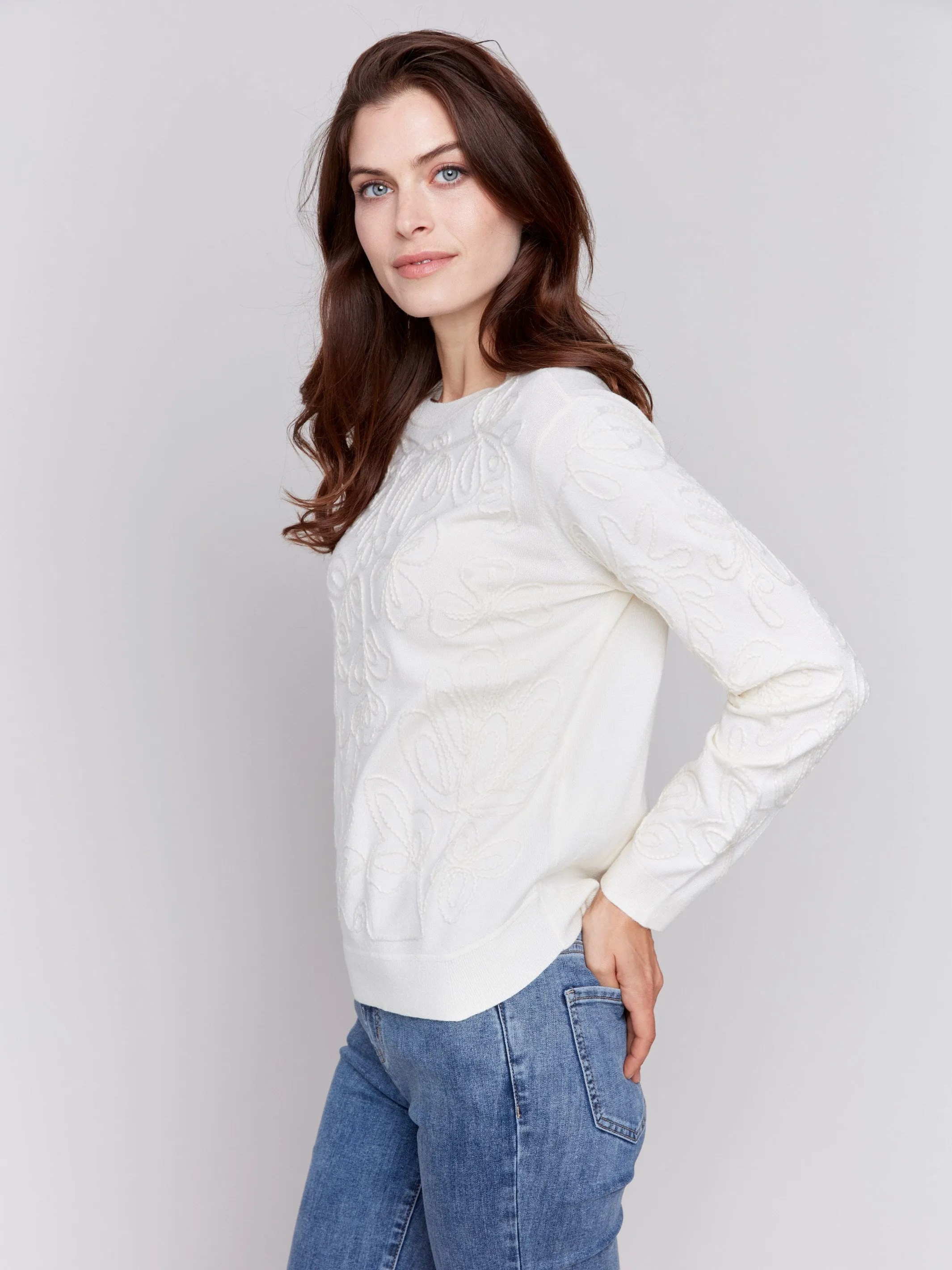 Embroidered Round Hem Sweater - Ecru