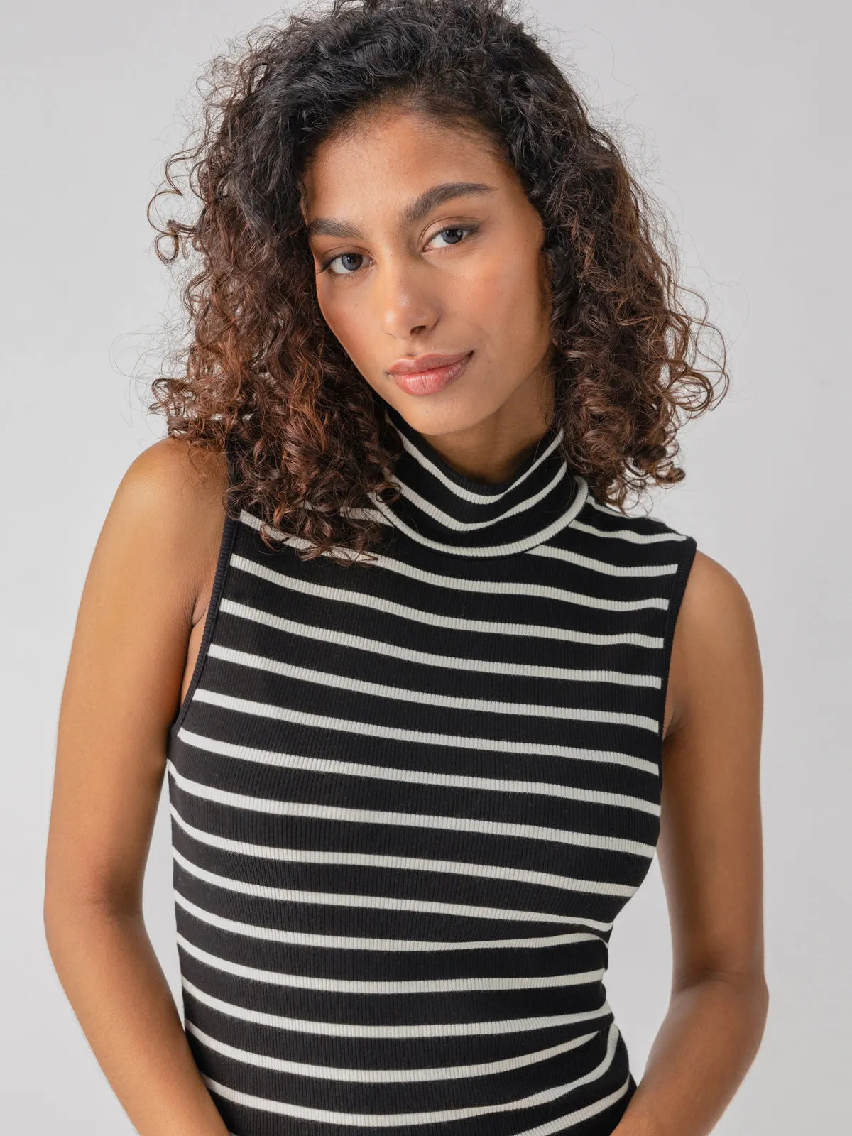 Essential Sleeveless Mock Neck Tank Black Chalk Stripe