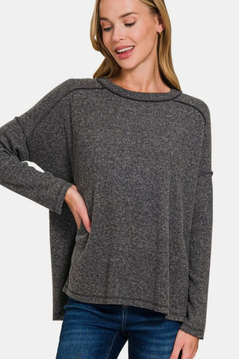 Exposed Seam Brushed Round Neck Sweater - Black