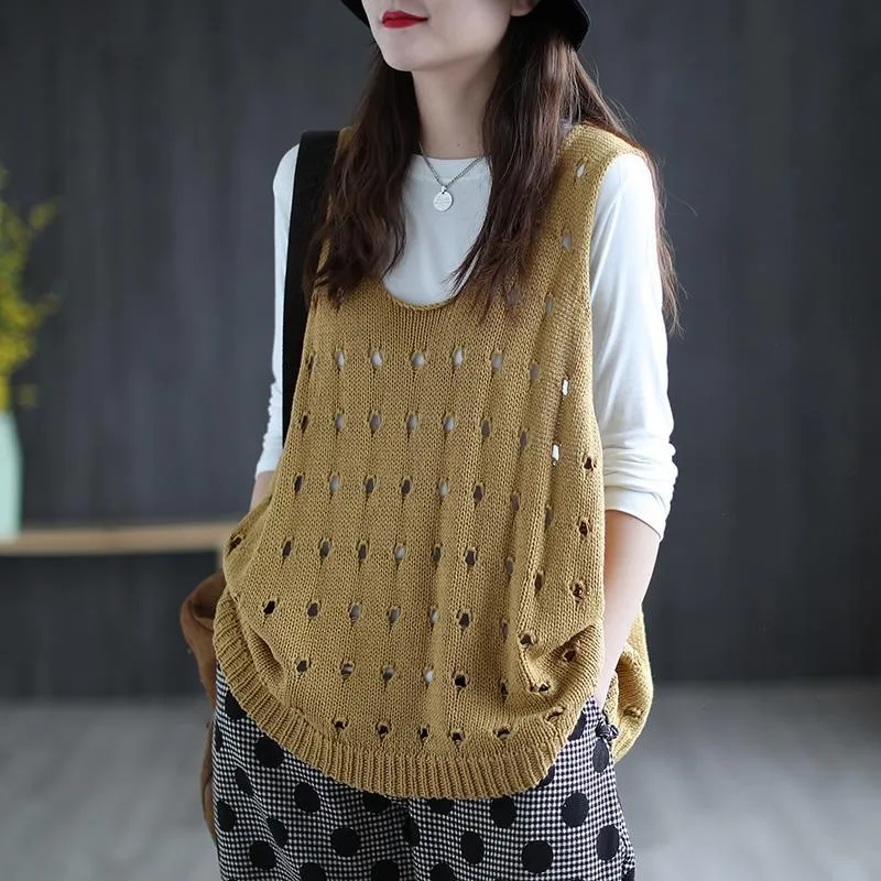 Fashionkova  Sweater Vests Women O-Neck Hollow Out Baggy Vintage Sleeveless Jumpers Elegant S-3XL Womens Vest Knitwear Comfortable Trendy