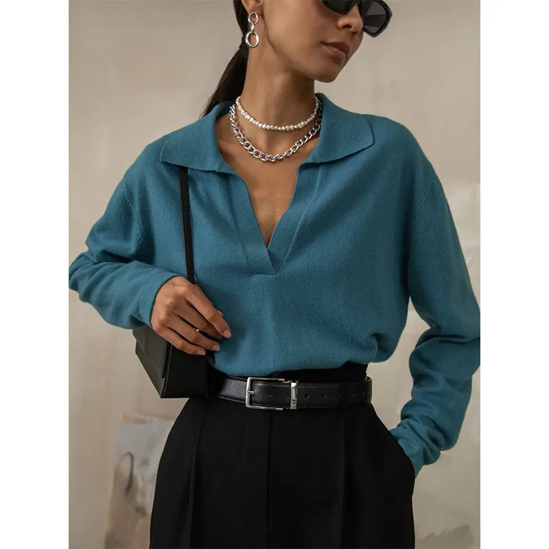 Fashionkova teacher outfits Lapel Sweater 2024 Autumn and Winter French Elegant Commuter Fashionable All-Match Solid Color V-Shaped Lapel Sweater