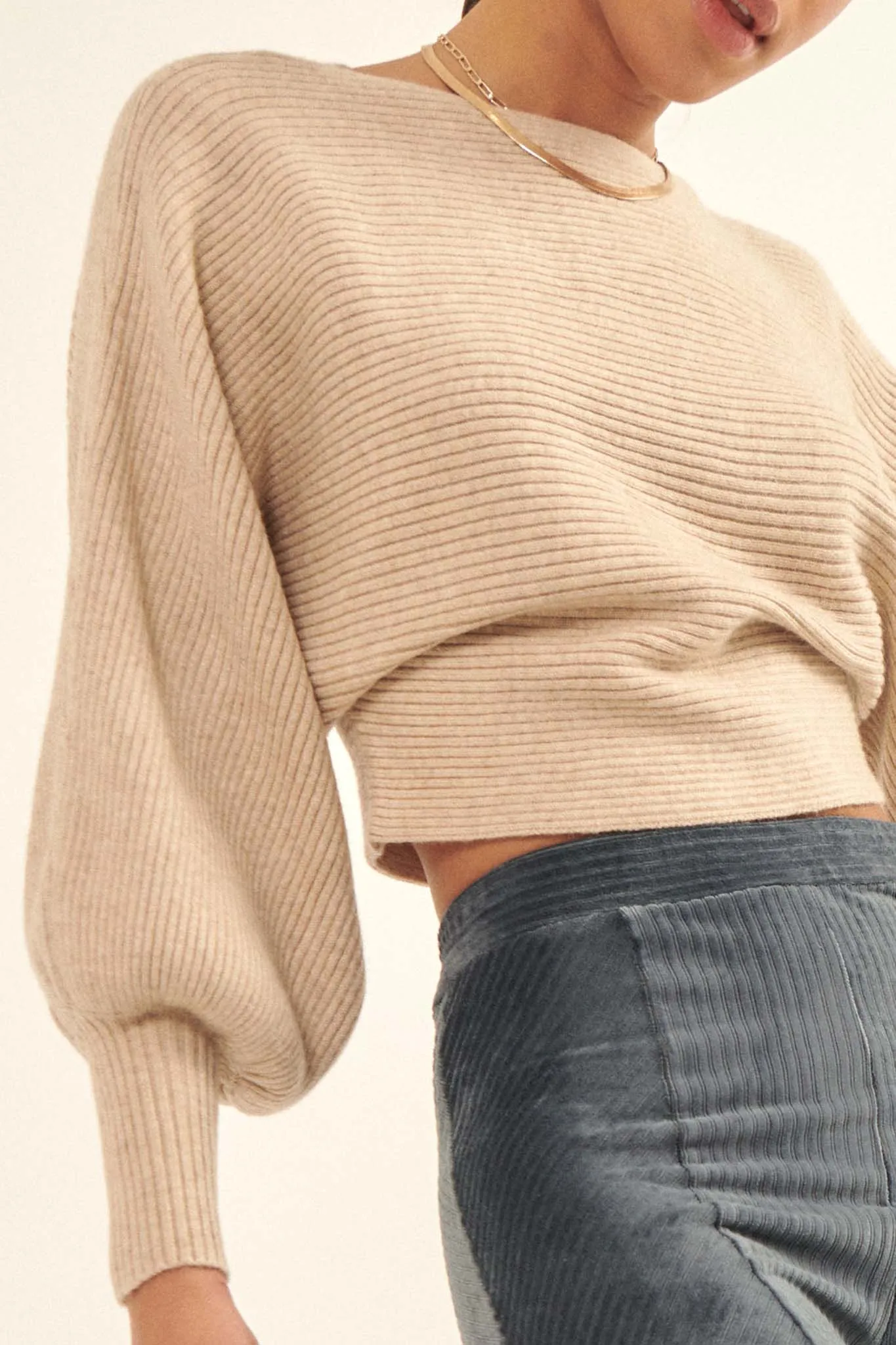 Fine Lines Cropped Rib-Knit Boatneck Sweater