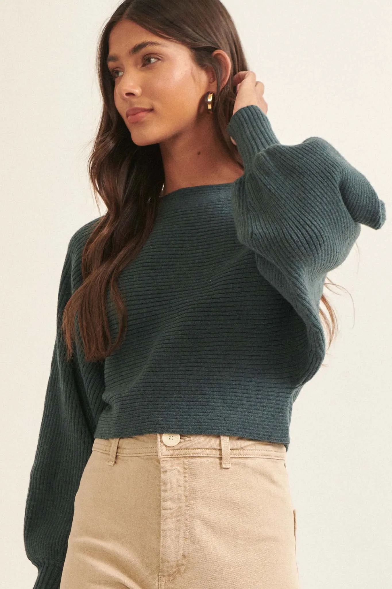 Fine Lines Cropped Rib-Knit Boatneck Sweater