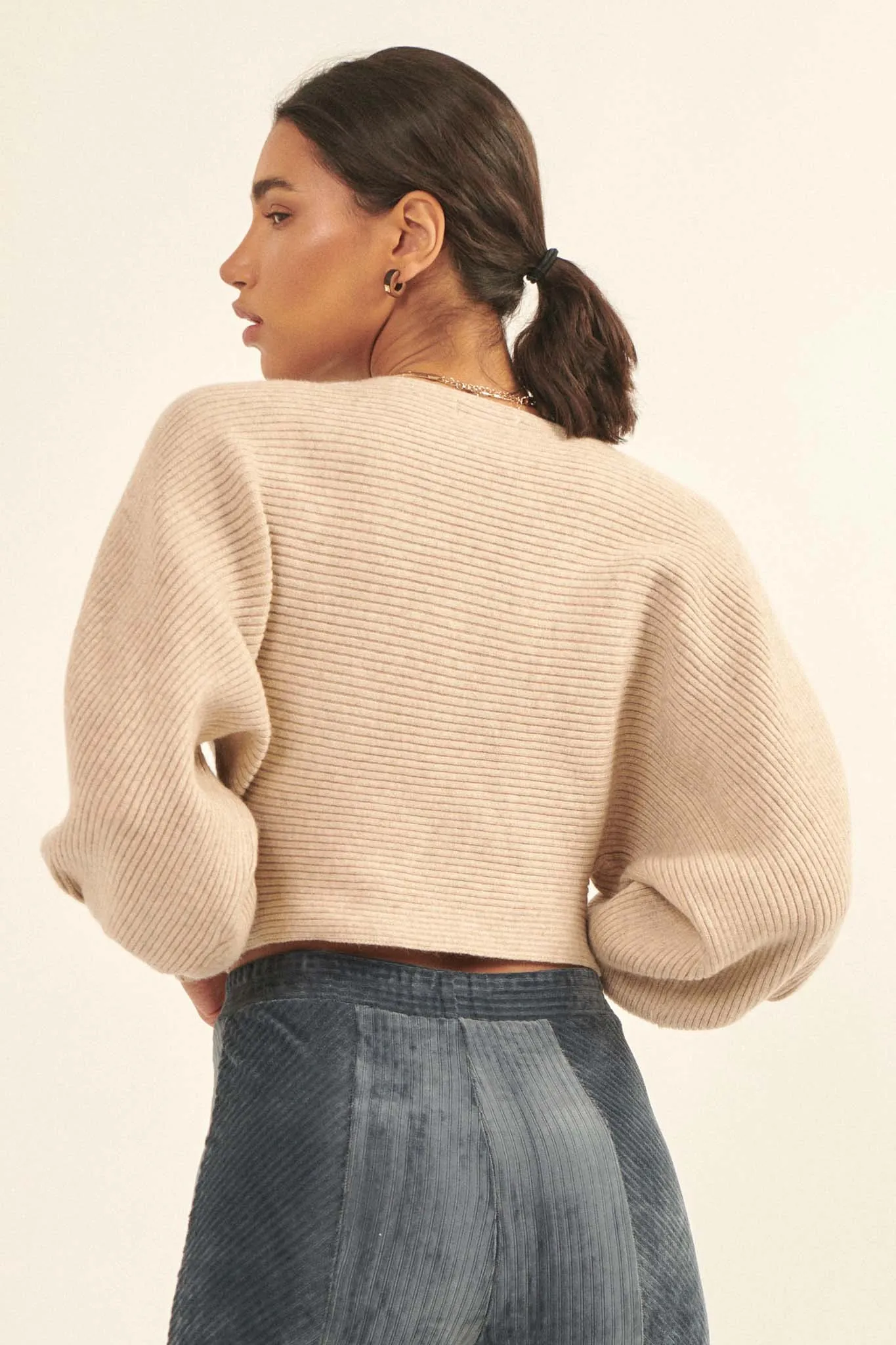 Fine Lines Cropped Rib-Knit Boatneck Sweater