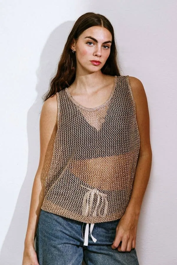 Flying Tomato Open Knit Sweater Tank in Gold