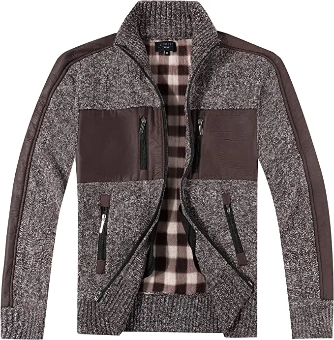 Full Zip Cardigan Patch Design Sweater with Brushed Flannel Lining -Coffee