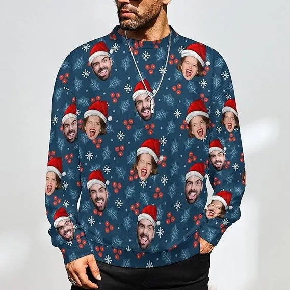 Funny Ugly Christmas Special Custom Face Men's Sweater Personalized Face Sweatshirt for Husband Father Boyfriend Red Green Stripes