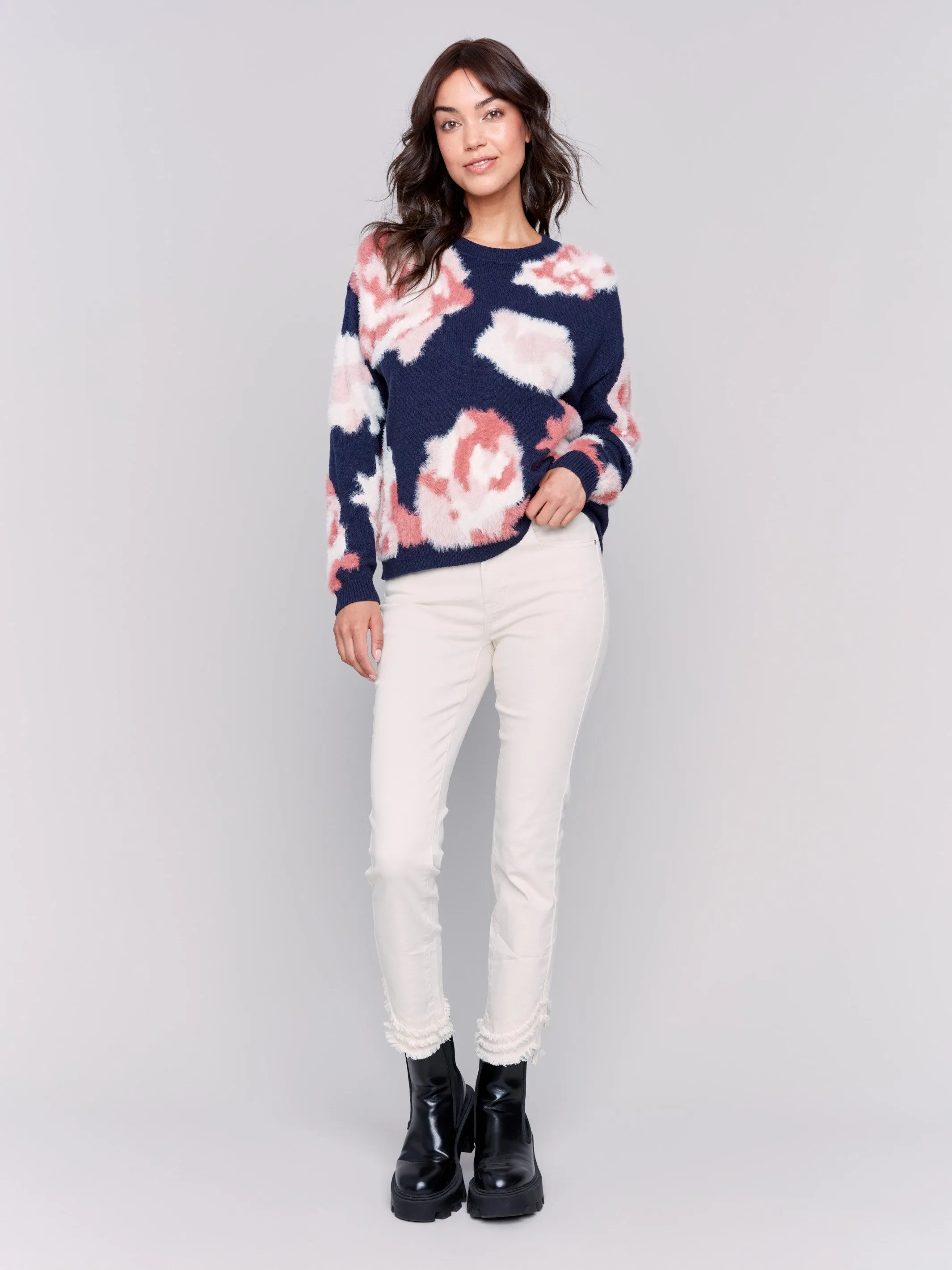 Fuzzy Floral Jacquard Knit Sweater - Navy