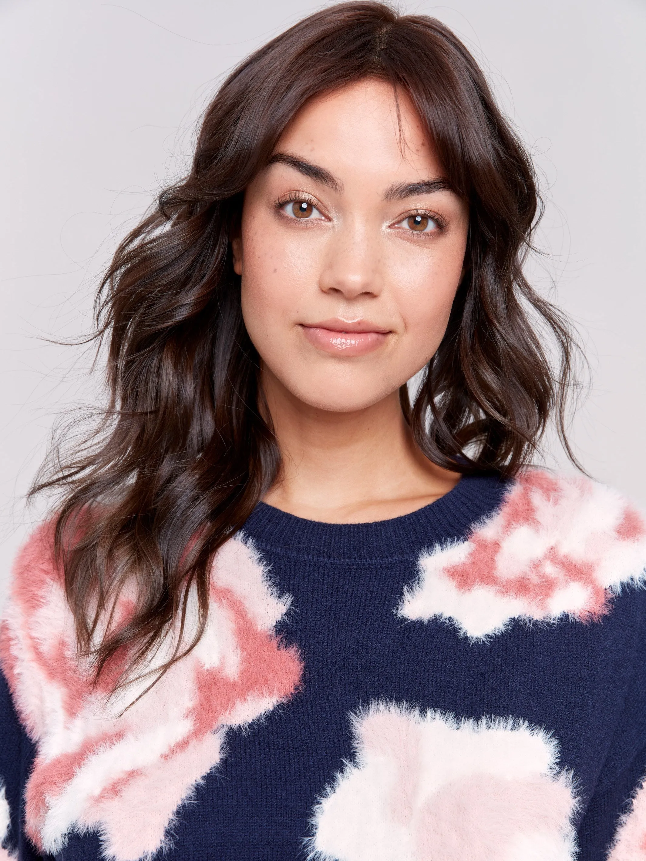 Fuzzy Floral Jacquard Knit Sweater - Navy