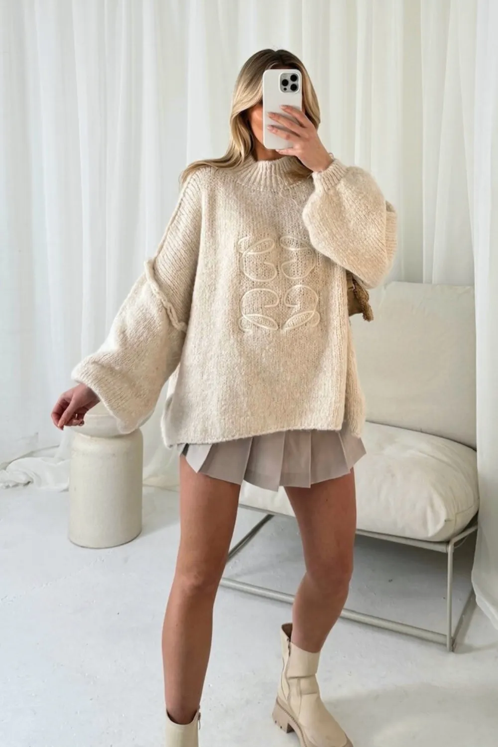 Gege cream embroidered oversized knit jumper