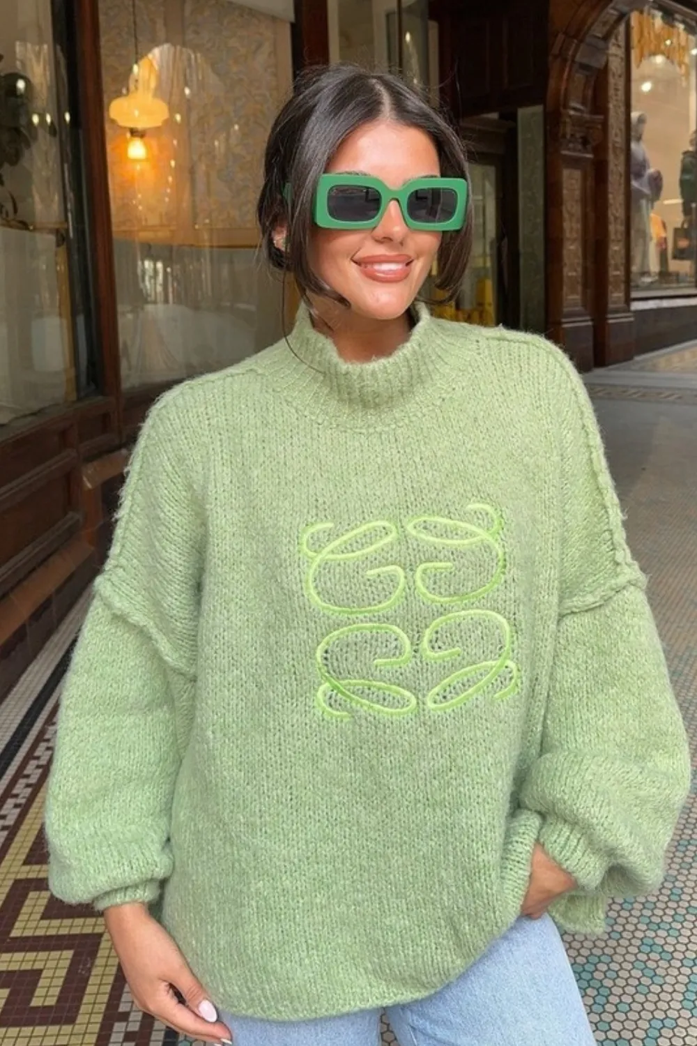 Gege green embroidered oversized knit jumper