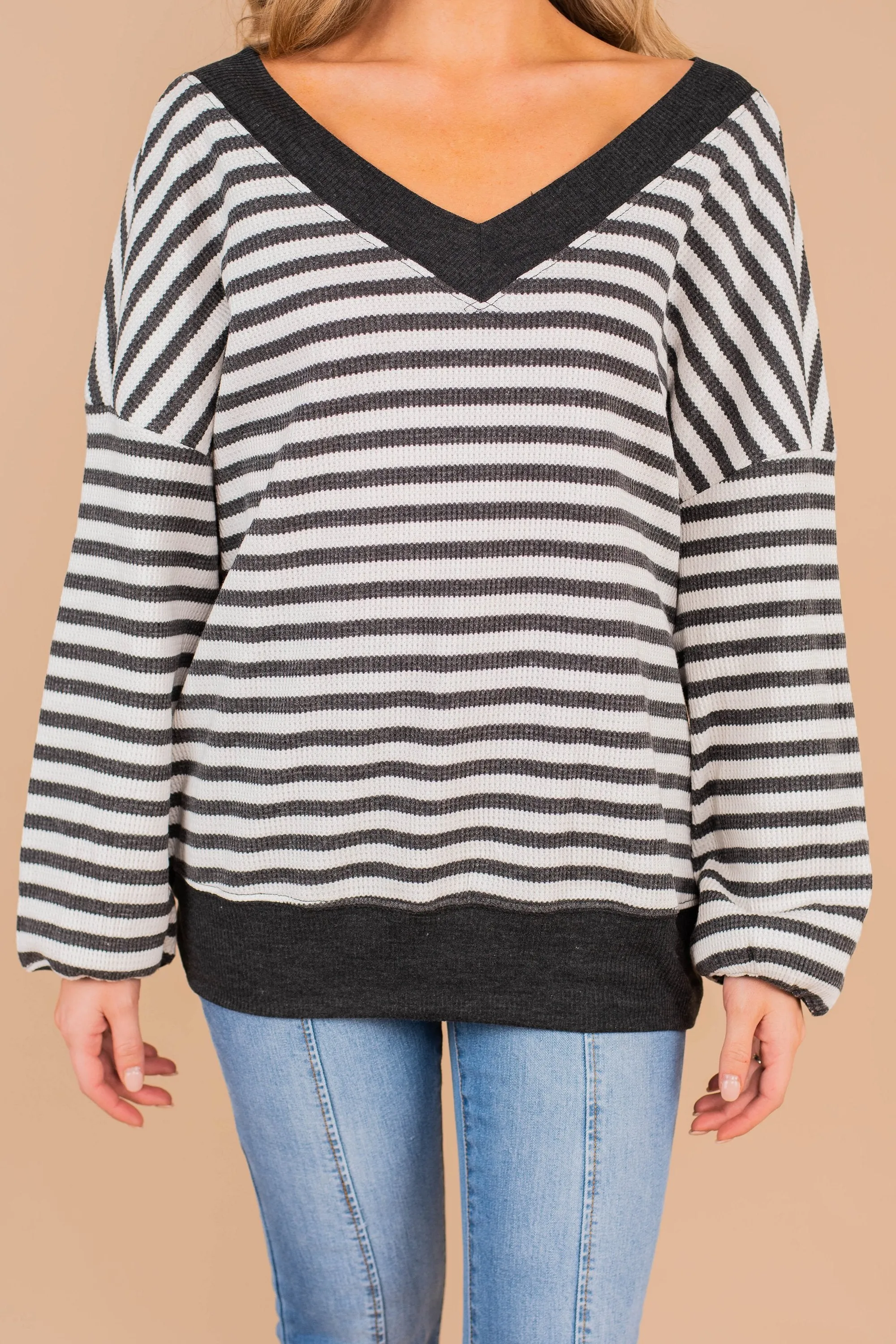 Give Me Love Charcoal Gray Striped Waffle Sweater