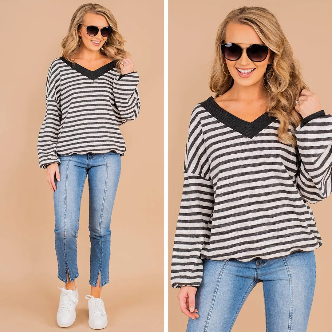 Give Me Love Charcoal Gray Striped Waffle Sweater