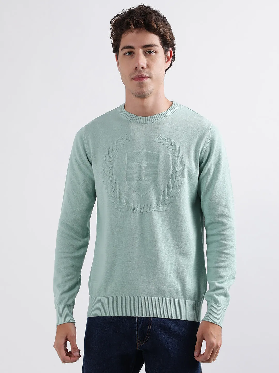 Iconic Men Green Solid Round Neck Full Sleeves Pullover Style Sweater