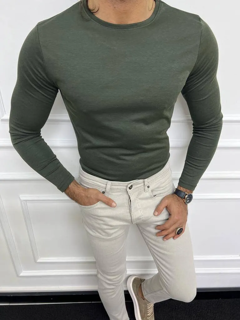 Khaki Combed Cotton Crewneck Knitwear