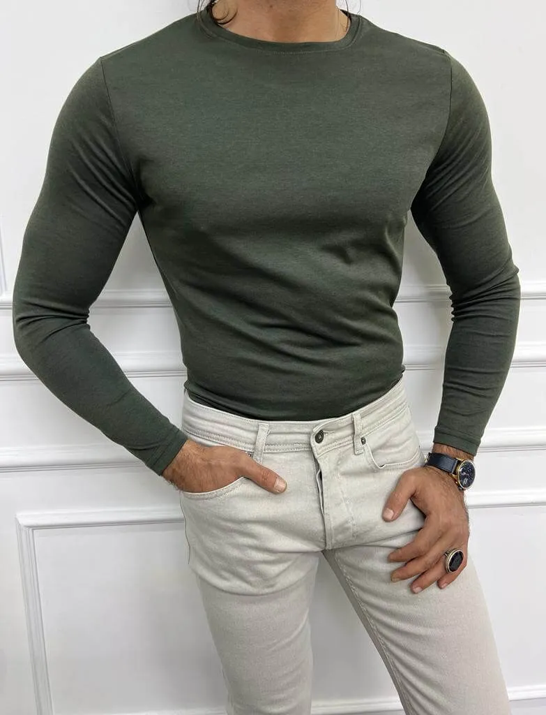 Khaki Combed Cotton Crewneck Knitwear