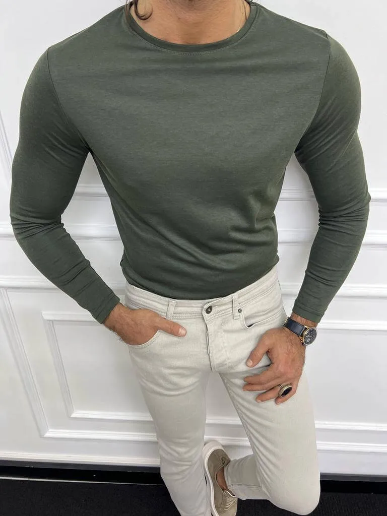 Khaki Combed Cotton Crewneck Knitwear