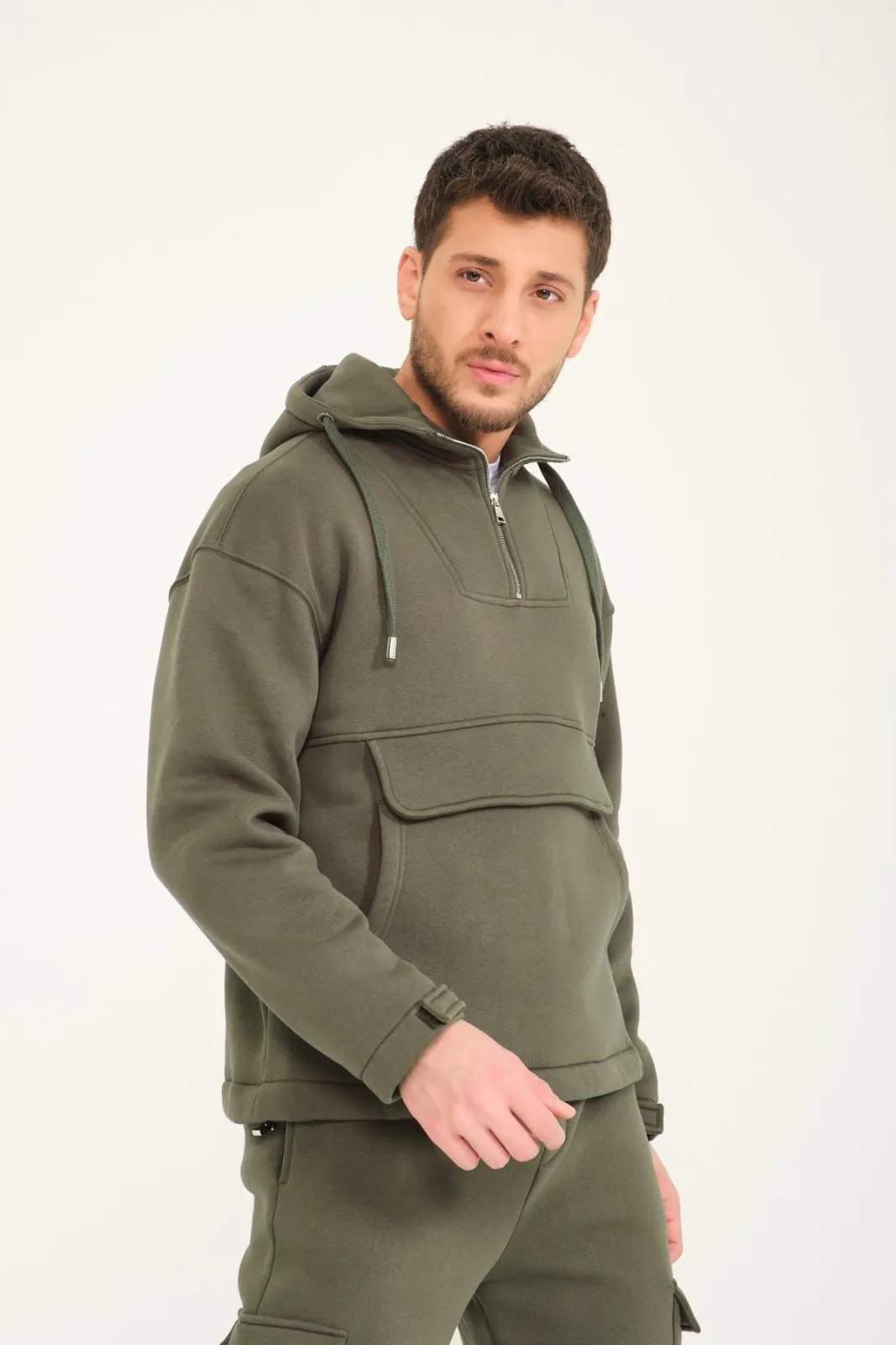 Khaki Half-Zip Hoodie & Jogger Set