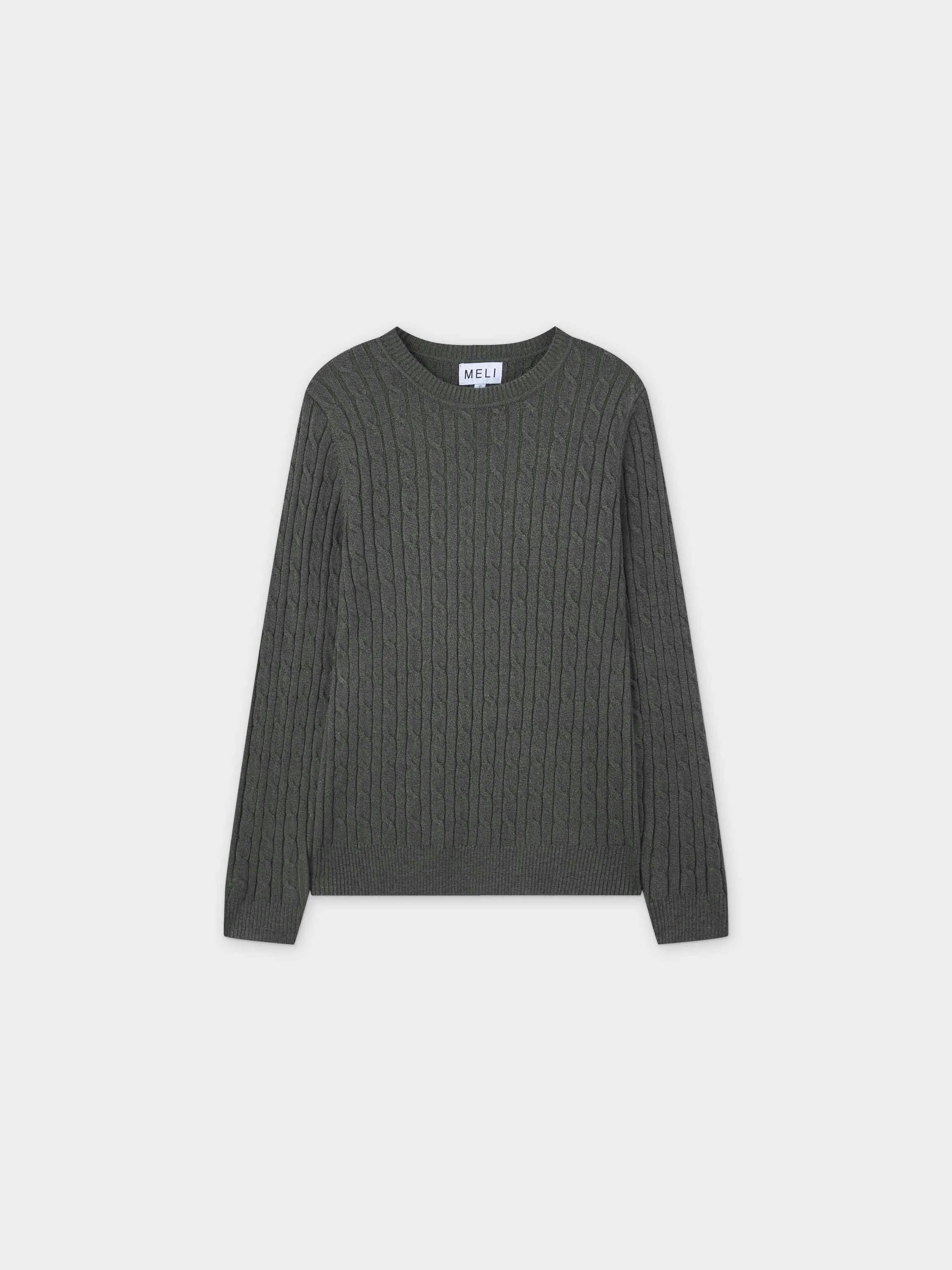 Knit Cable Sweater-Heathered Olive/Blue