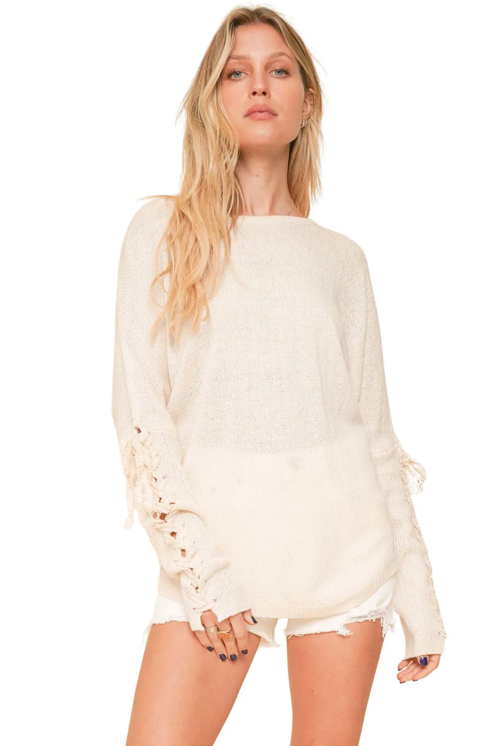 Lace Up Sleeve Boat Neck Knit Boat Neck Sweater - Ivory