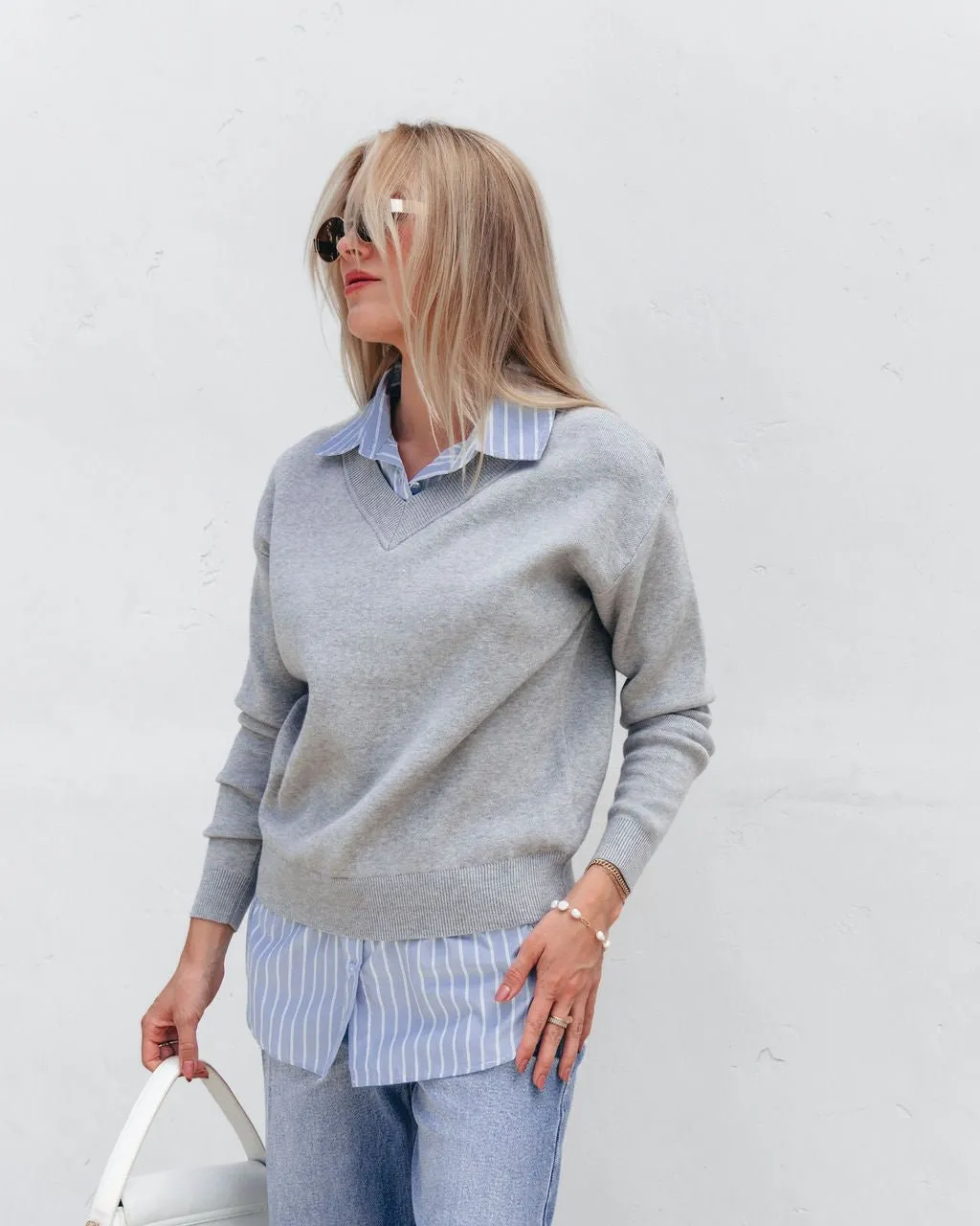 Layered V Neck Shirt Sweater - Grey - FINAL SALE