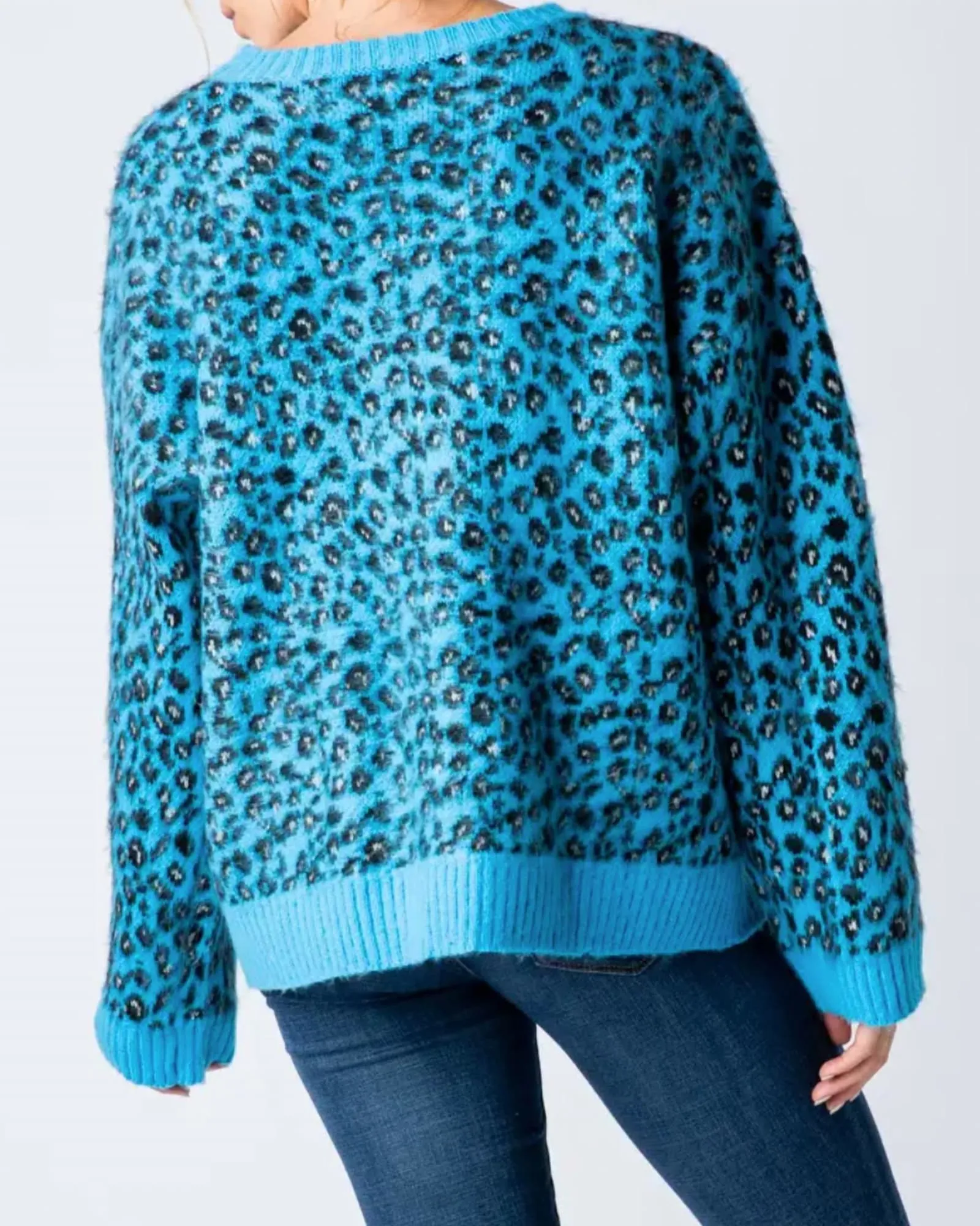 Leopard Mohair Crewneck Sweater in Blue | Blue