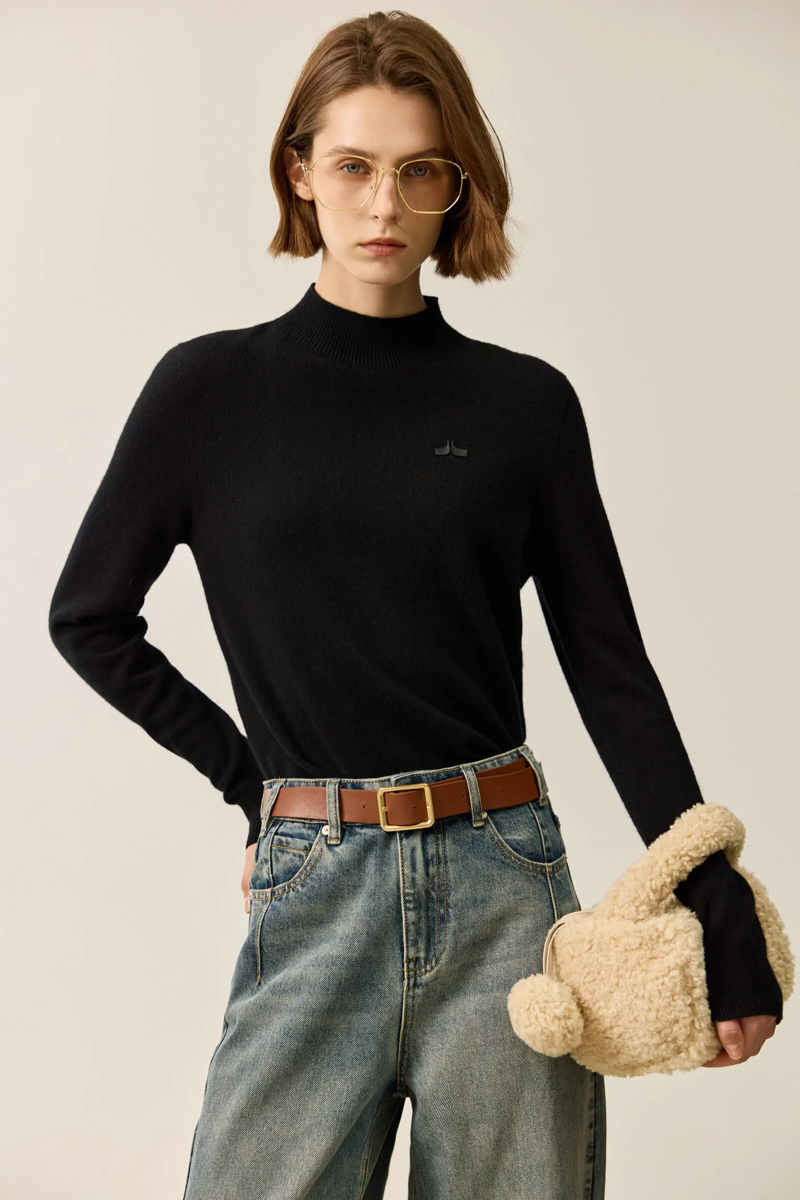 LILY Merino Wool Simple Half-Turtleneck Sweater