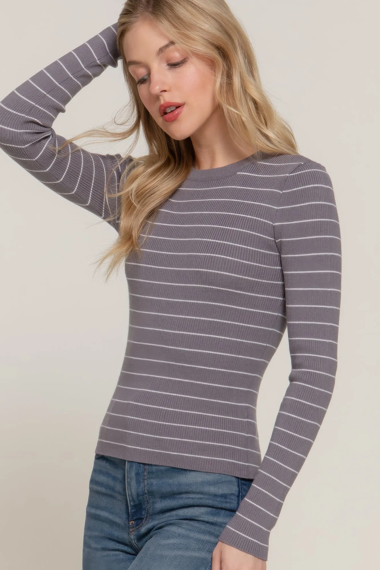 Long slv crew neck stripe sweater