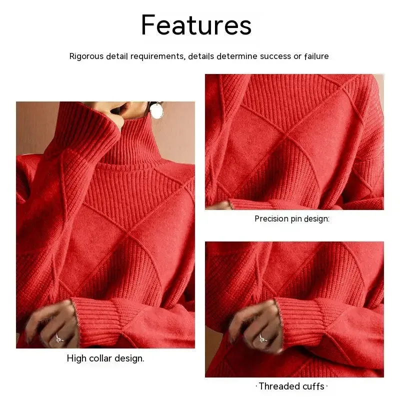 Loose High Collar Warm Sweater Solid Color Knitted Women