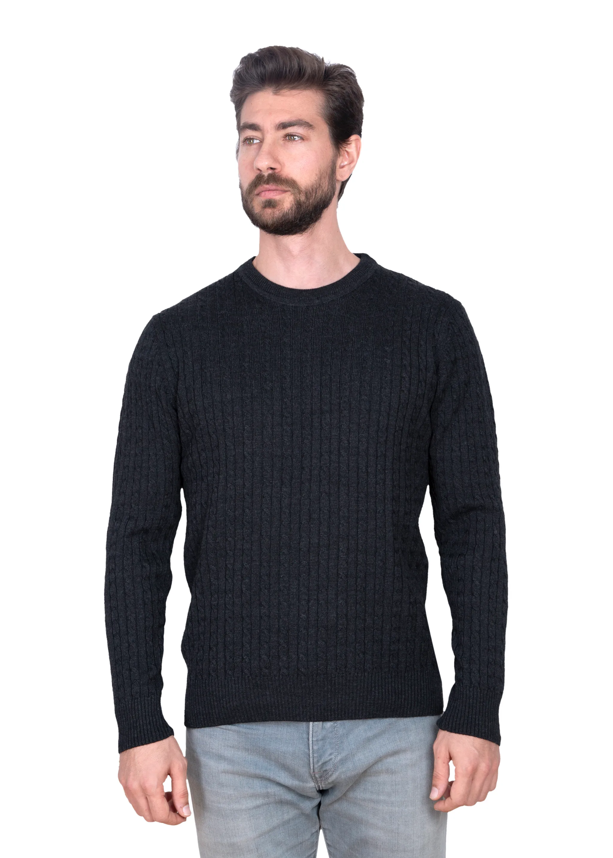 Men's Charcoal Mildura Wool Cable Knit Crew Neck Jumper