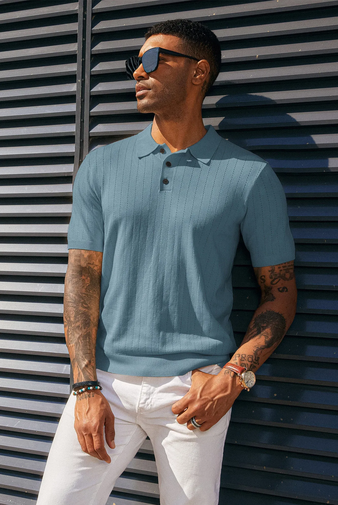 Men's Knit Polo Shirts Casual Short Sleeve Solid Button Down Pullover Polo T Shirts