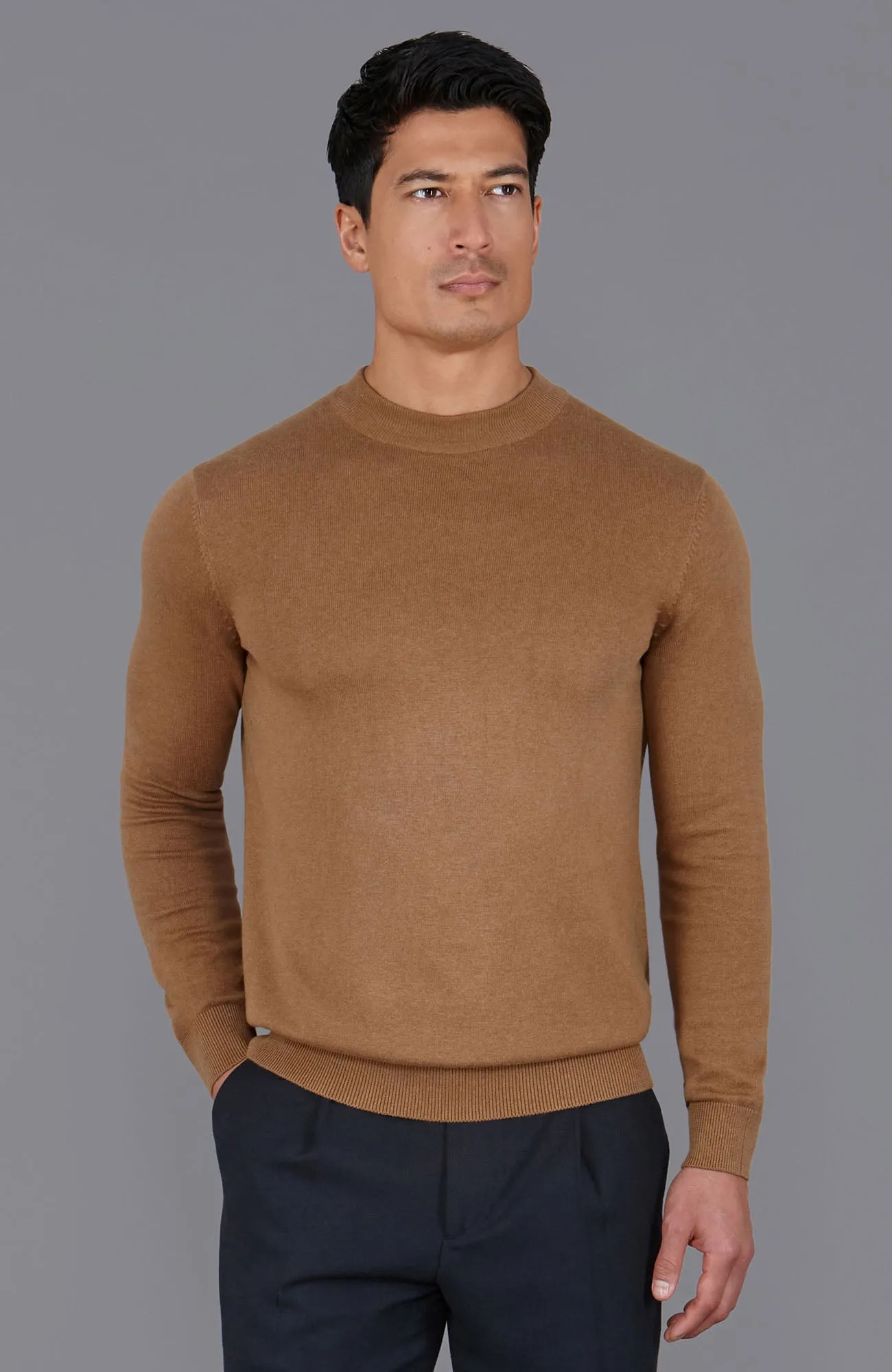 Mens Lightweight Cotton Narrow Mock Turtleneck Jumper