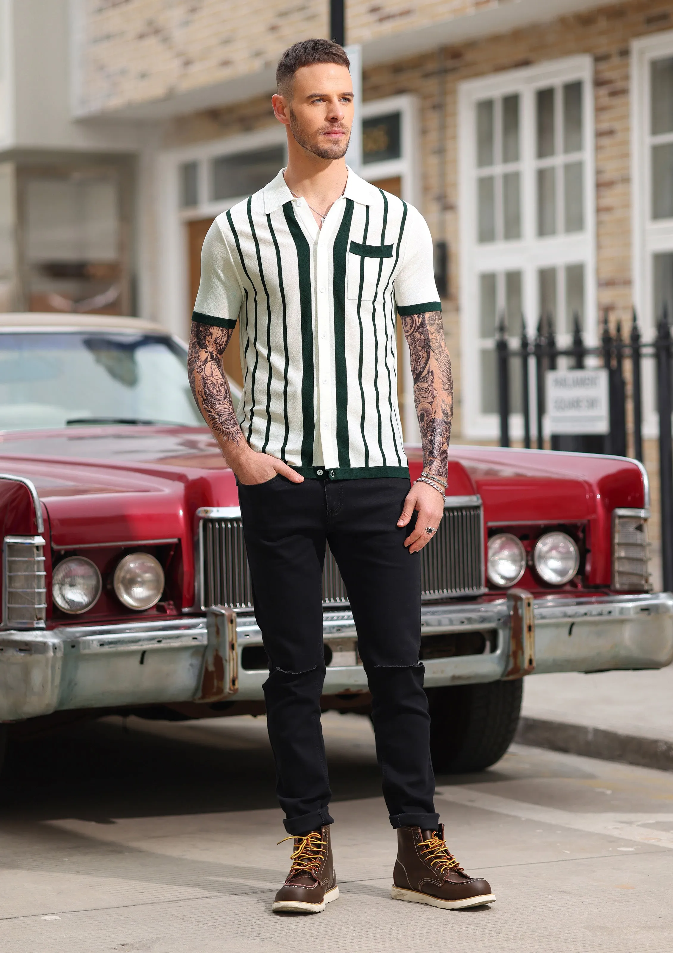 Mens Polo Shirts Vintage Striped Button Down Knitted Golf Cardigans Shirts