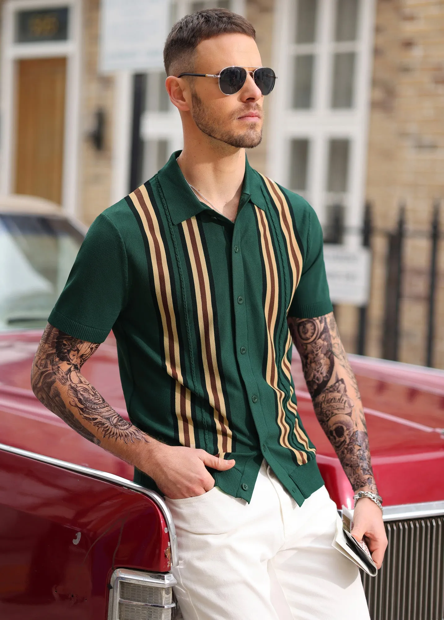 Mens Polo Shirts Vintage Striped Button Down Knitted Golf Cardigans Shirts