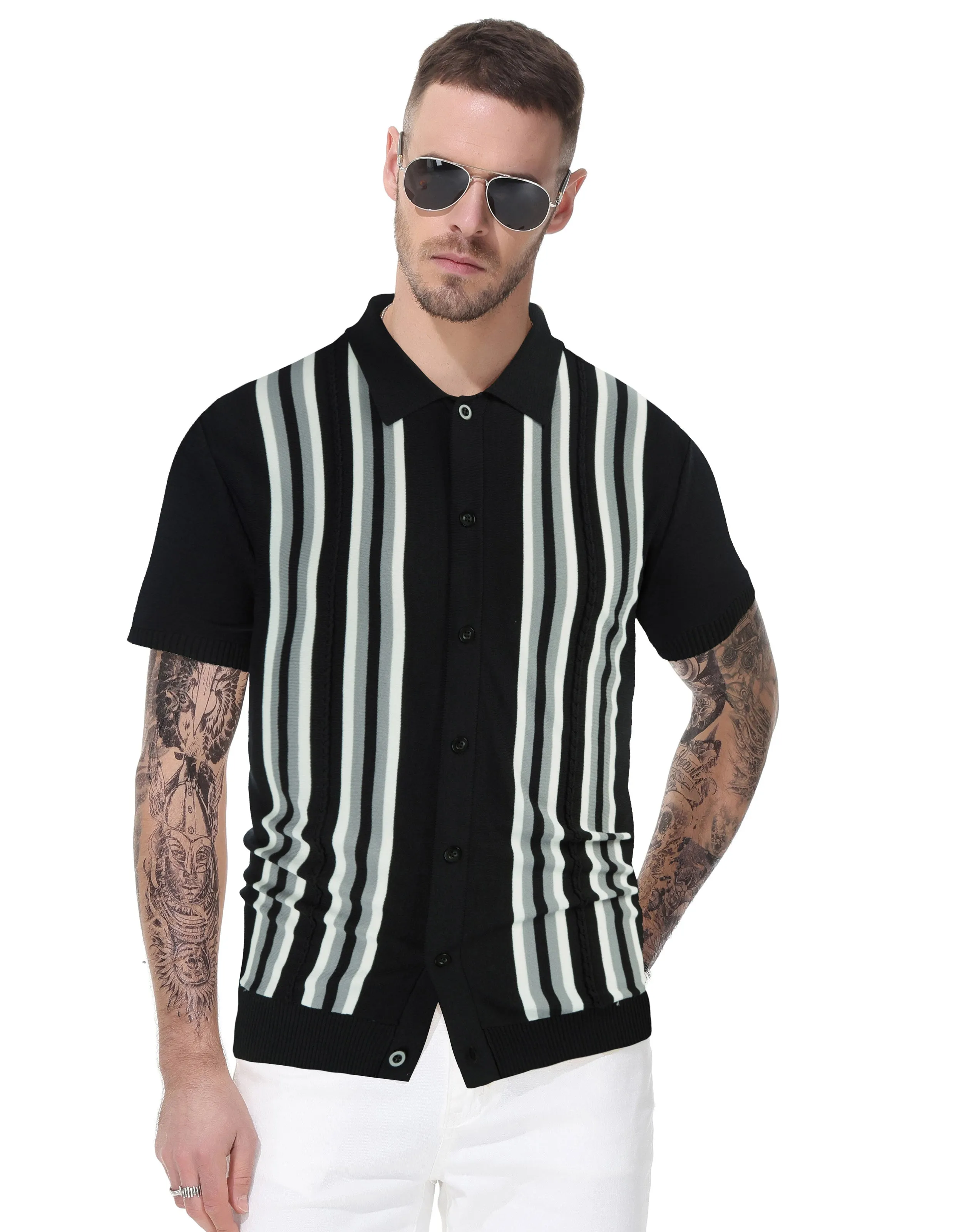 Mens Polo Shirts Vintage Striped Button Down Knitted Golf Cardigans Shirts